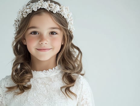 A little girl in a white dress and a flower crown photo