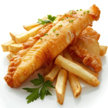 Battered and fried fish paired with crispy golden-brown french fries, photo