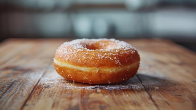 A doughnut sitting on top of a wooden table photo