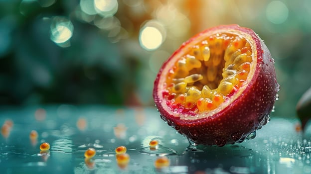 a close up of a passion fruit on a table photo