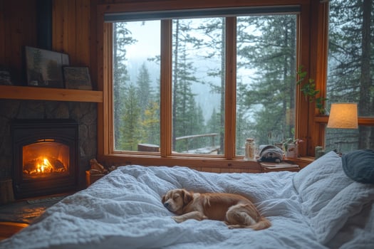 Cozy cabin bedroom with sleeping golden retriever dog by fireplace on rainy day photo