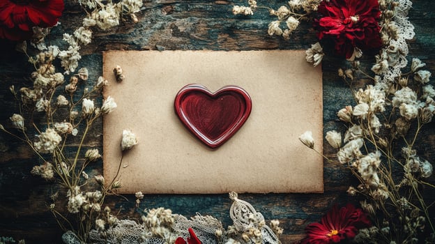 Heart-shaped wax seal on old paper with dried flowers on rustic wooden table photo