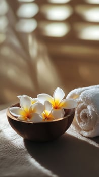 Spa setting with tropical flowers in wooden bowl and soft towels for relaxation photo