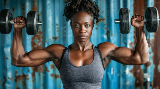 A muscular African-American woman lifts weights in front of a blue background. photo