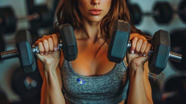 A woman in a gray sports bra is lifting weights in a gym. photo