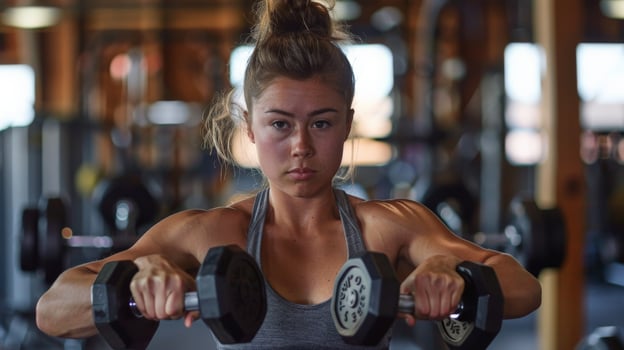 A young woman works on her shoulder press using dumbbells in a gym. photo