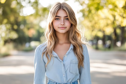 A beautiful young woman in a denim shirt photo