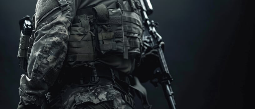A soldier in full tactical gear is silhouetted against a dark background. photo
