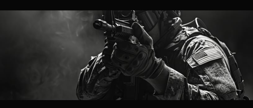 A soldier in full tactical gear is aiming his rifle. photo