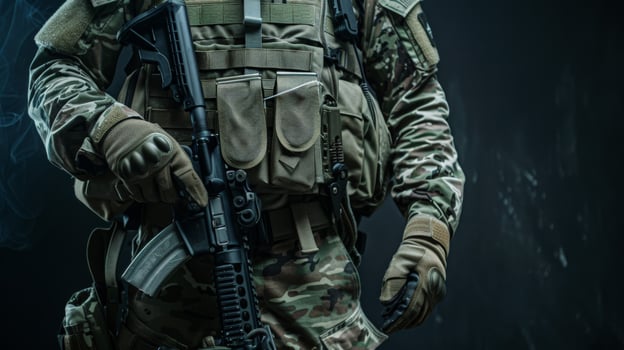 A soldier in full combat gear is holding a rifle. photo