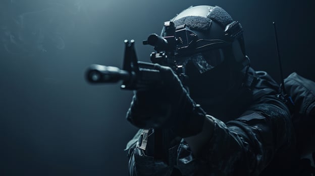 A soldier in full tactical gear aiming an assault rifle. photo