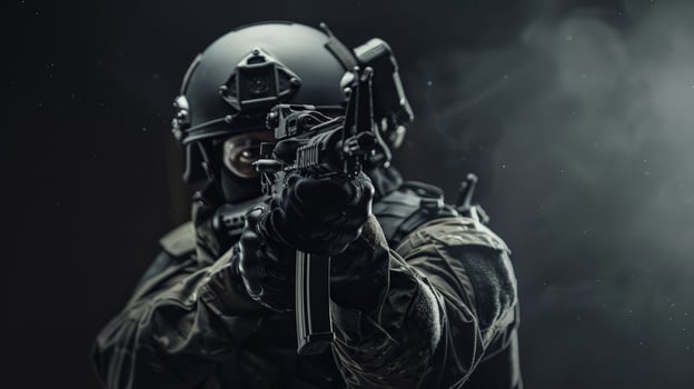 A soldier in black uniform and mask holding a gun photo