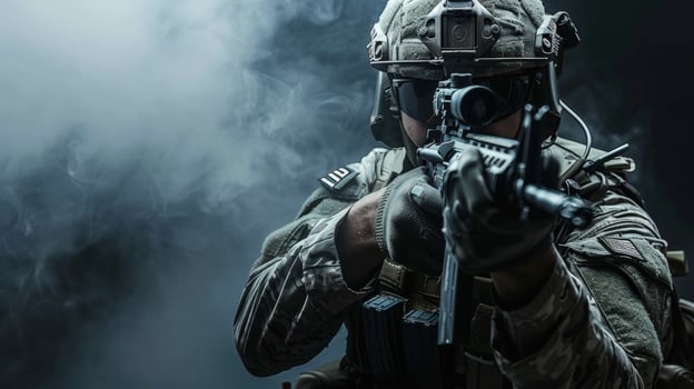 A soldier in full combat gear is aiming his rifle. photo