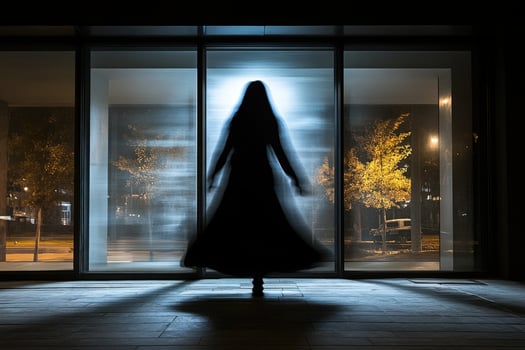 A woman in a long dress is walking through a glass door photo