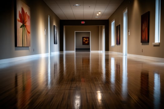 A hallway with a wooden floor and paintings on the walls photo