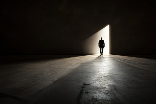 A man standing in front of a light at the end of a dark room photo