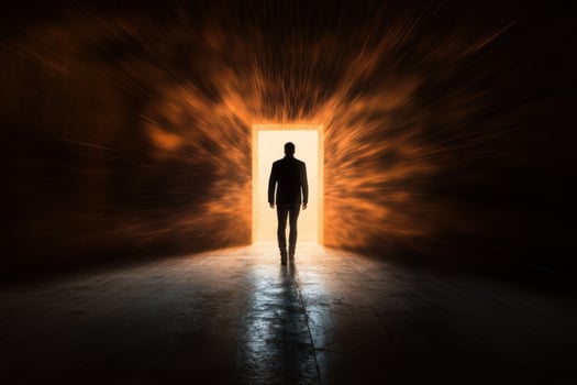 Man standing in front of an open door with a bright light coming from it photo