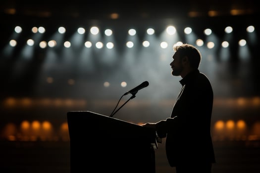 Silhouette of a man giving a speech in front of a podium photo