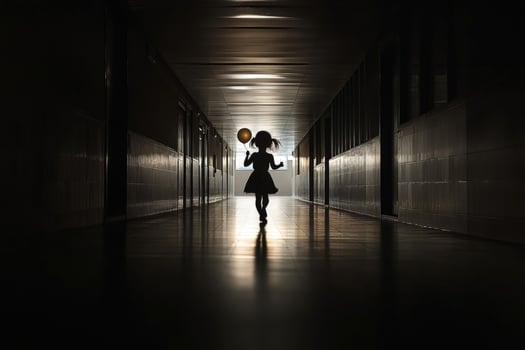 A girl is walking down a hallway with a balloon photo