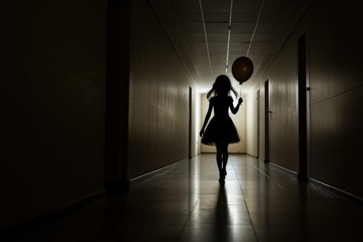 Silhouette of a girl with a balloon in a dark hallway photo