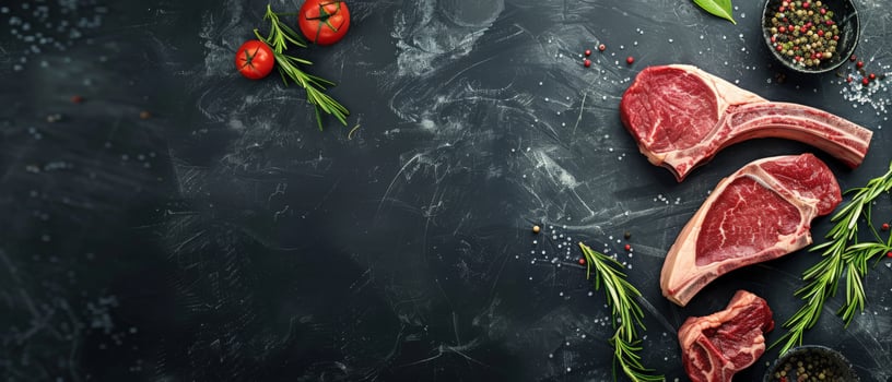 Black background with raw fresh beef steak, rosemary, spices and tomatoes. photo