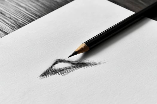 A black pencil is poised above a partially drawn eye on a blank sheet of white paper, capturing the meticulous process of artistic creation. The focus on the pencil showcases fine details. photo