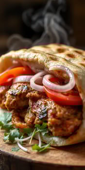 Grilled meat wrap with fresh vegetables served on a wooden board with steam rising in a cozy setting photo
