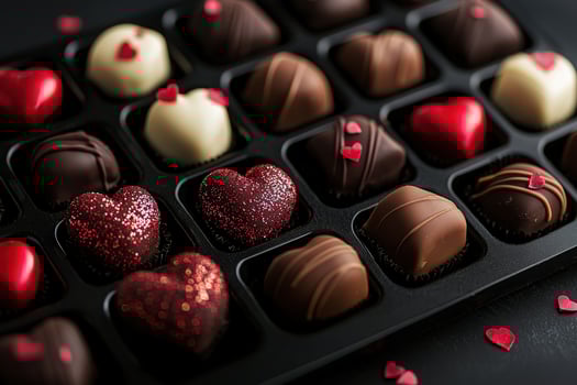 A tray filled with various heart-shaped chocolates in different flavors and designs is displayed. This delightful assortment is ideal for romantic gifts on anniversaries or Valentines Day. photo