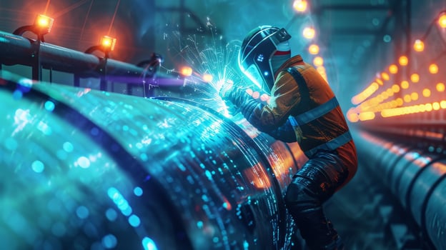Welder working on a pipeline in a shipyard. photo