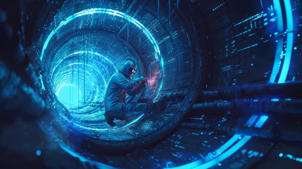 Astronaut floating through a wormhole in space. photo