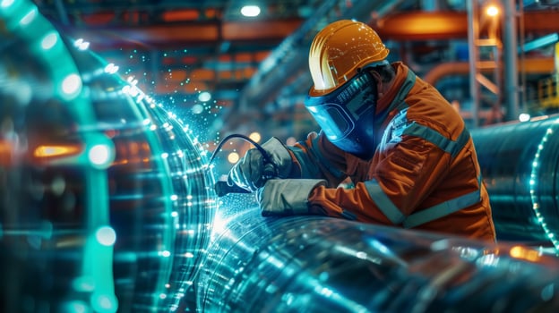 Welder in protective mask welding a metal pipe with sparks photo