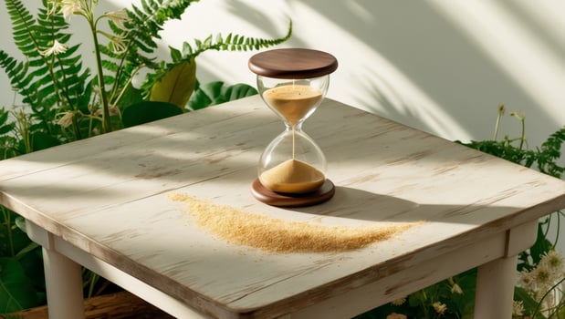 An hourglass on a table with sand photo