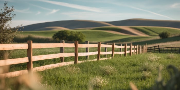 A fence in a grassy field with hills in the background photo