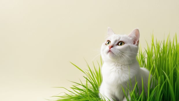 White cat sitting in grass on a light background photo