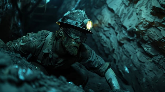 coal miner working in a dark mine photo