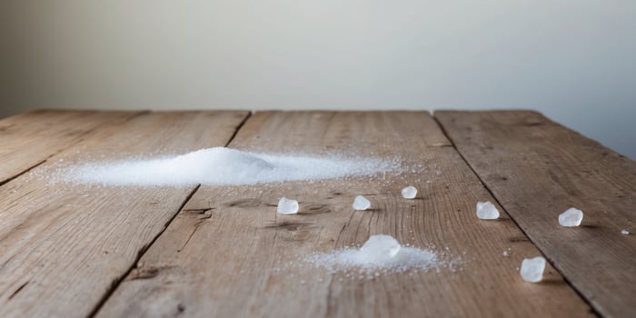 Rustic Wooden Table with Sugar and Salt Crystals photo