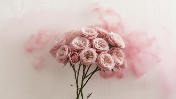 Cluster of roses emerging from soft pink fog photo