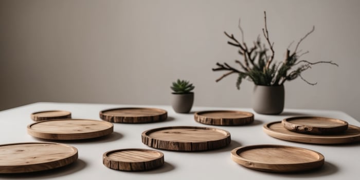 Wooden plates and vases sit on a table photo