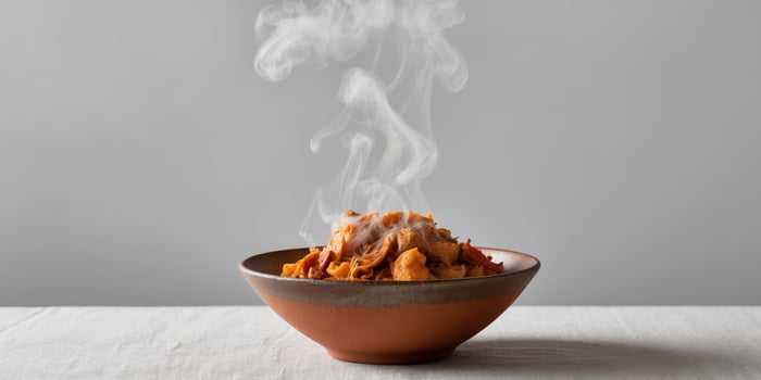 A bowl of food is steaming and has a lot of smoke coming out of it photo