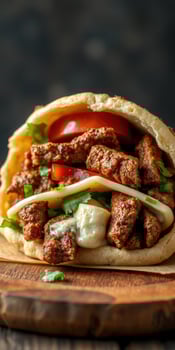 Delicious shawarma wrap loaded with seasoned meat, fresh vegetables, and creamy sauce ready to be enjoyed at a food stall photo