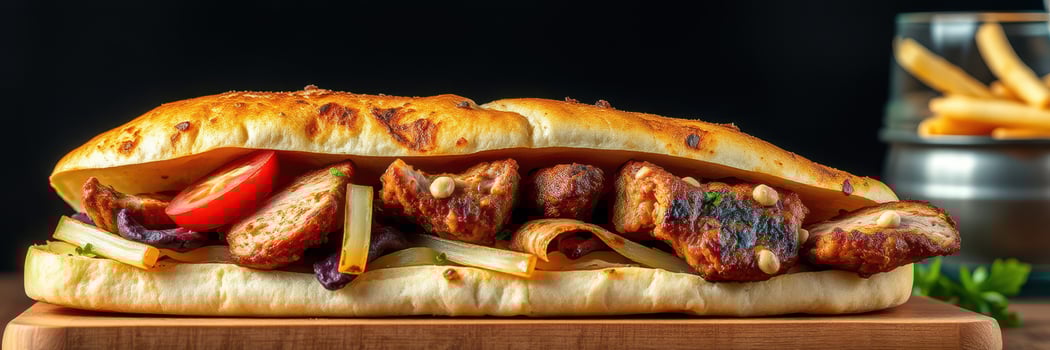 Delicious sandwich loaded with grilled chicken, fresh vegetables and spices on artisan bread photo