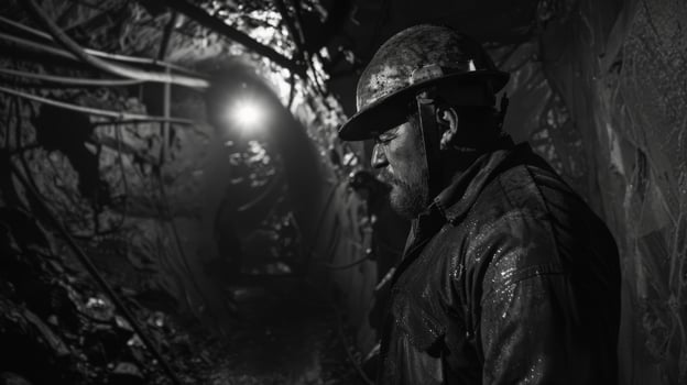 A black and white photo of a coal miner covered in sweat and dirt.