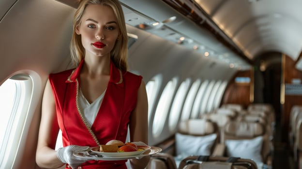 A beautiful flight attendant is serving food on a private jet. photo