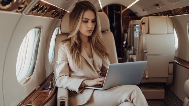 Confident business woman working on laptop while flying in private jet photo