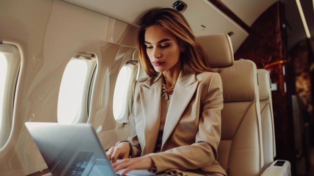 Businesswoman working on laptop in private jet photo