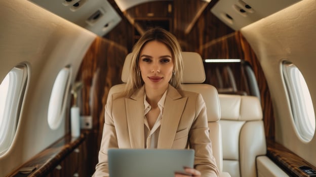 A beautiful young woman in a beige suit is sitting in a private jet and looking at the camera. She has a tablet in her hands. photo