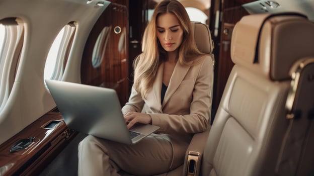 Businesswoman working on laptop in private jet photo
