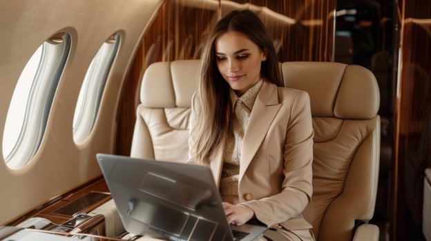Businesswoman working on laptop in private jet photo