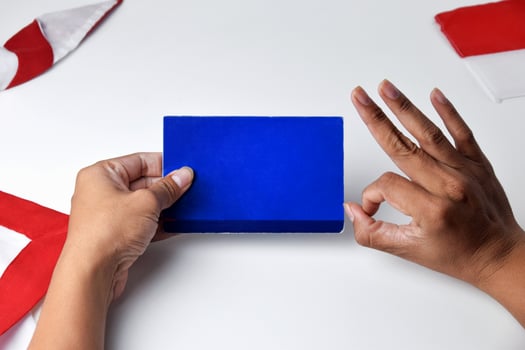 Hands holding and showing a blue savings account book with an okay gesture photo