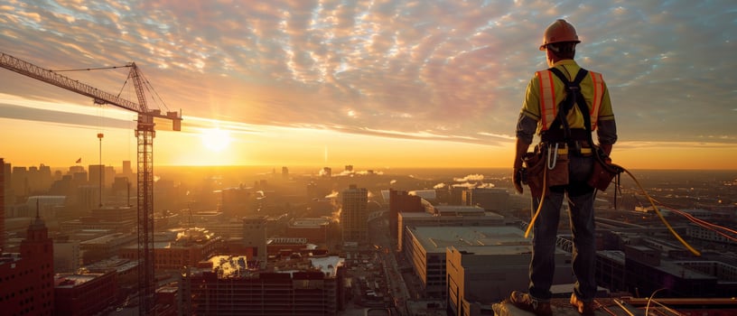 Construction worker standing on a rooftop watching the sunset over the city. photo